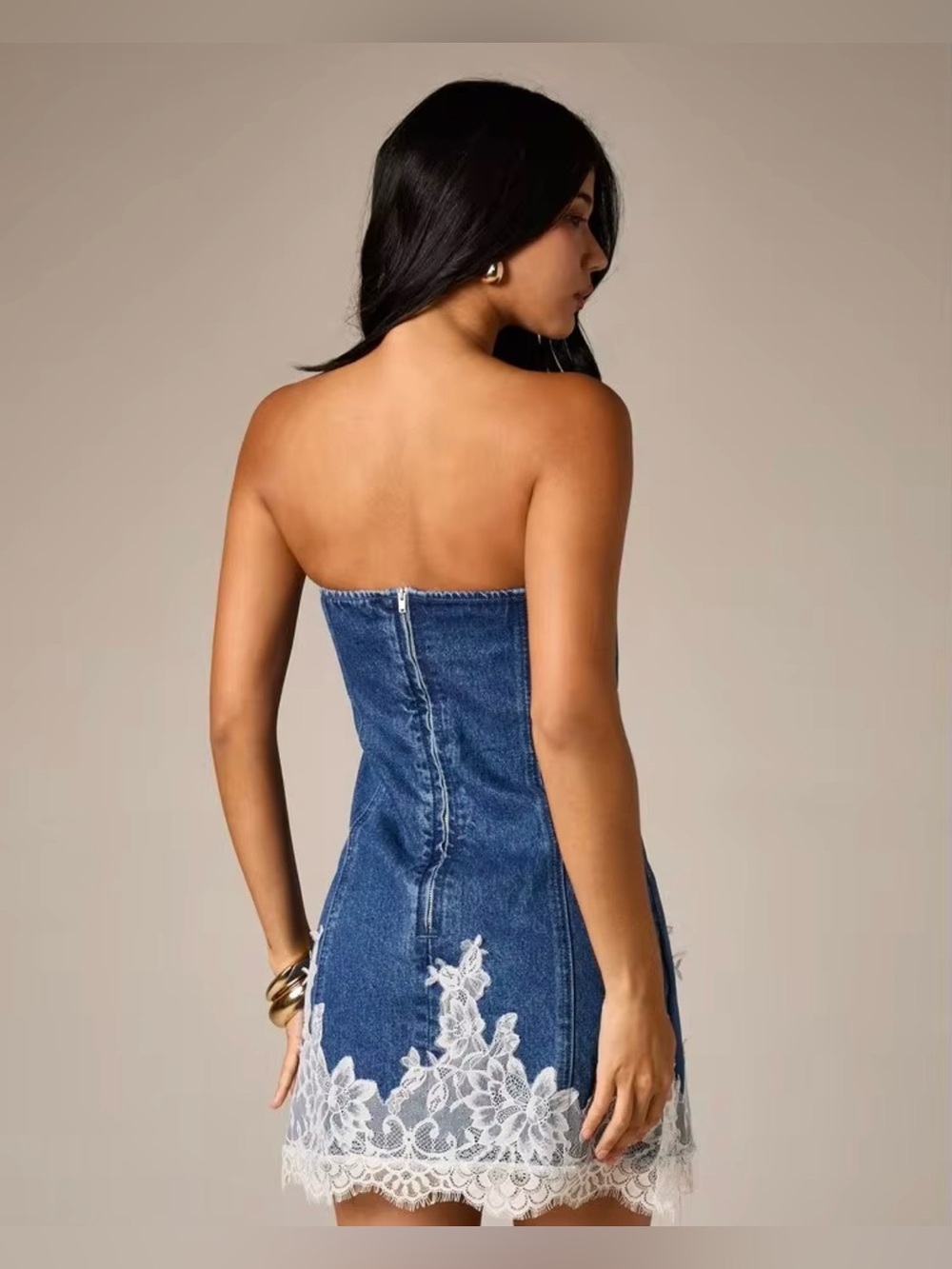 NWT Aiirz Strapless Denim Mini Dress With Lace Floral Appliqué - Picture 3 of 8